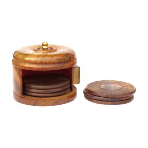 Wooden Round Carved Coaster Set of 6 with  closed type Stand –  (3 Inch Diameter)  stand size (4 inch diameter 3 inch height)