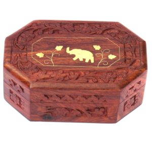 Woodino Sheesham Wood Jewellery Box –  Unique Shape with Elephant Embossed Carving & Brass Inlay | Handcrafted Multipurpose Gift Box (6x4 Inch)