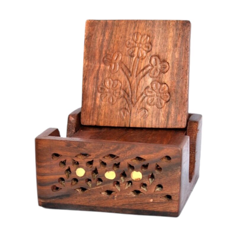 Woodino Wooden Handmade Square Coaster Set of 6 carving flower pattern – Tea, Coffee & Dining Table Coasters net and brass inlay work on stand