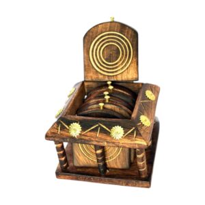 Wooden Coaster Set with Holder – 6 Pieces Brass Inlay Decorative Box