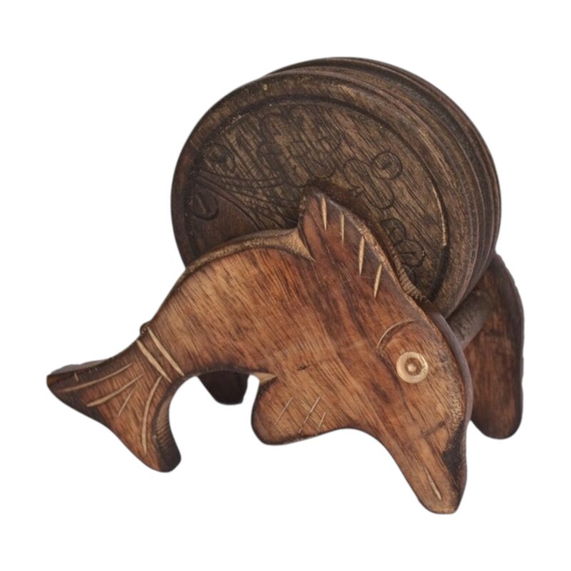Woodino Wooden Handmade Fish Shaped Coaster Set of 6 with Holder – Sheesham Wood Tabletop Coasters