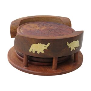 Woodino Handmade Wooden Elephant Brass Inlay Coaster Set with Half Barrel Stand