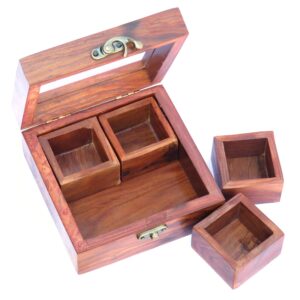 Sheesham Wood Spice Box with Spoon – 4 Compartments Masala Dabba Organizer | Handmade Wooden Masala Container for Kitchen Storage