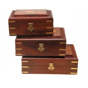 Sheesham Wood Box – 3 Elephant Embossed Frame Design  boxes | Brass Inlay & Carving Wooden Jewellery Organizer set of 3 (8x5) ,( 7x5)and  (6x4) inch