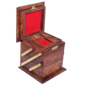 Woodino Sheesham Wood Sliding Step Tower Jewellery Box – Handcrafted Multipurpose Wooden Organizer with Brass Inlay (6x5x5 )