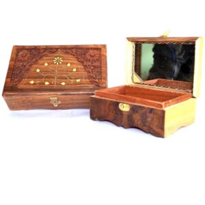 Sheesham Wood Boxs with Mirror Inside –  carving and brass inlay work  (6x4) and (8x5) inch - set 0f 2