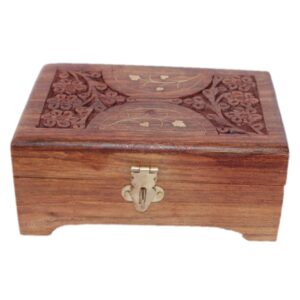 Sheesham Wood Hand-Carved Jewellery Storage Box – 6x4 Inch with Brass Inlay Half Circles