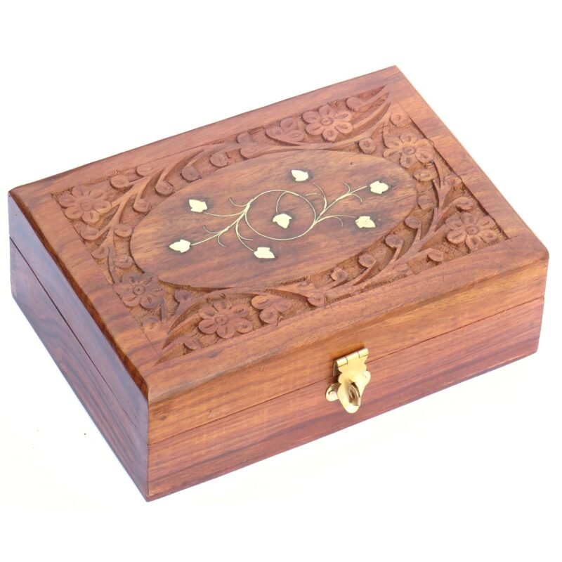 Woodino Woodino Sheesham Wood Jewellery Box – Brass Oval Inlay & Carving Work (7x5 Inch)