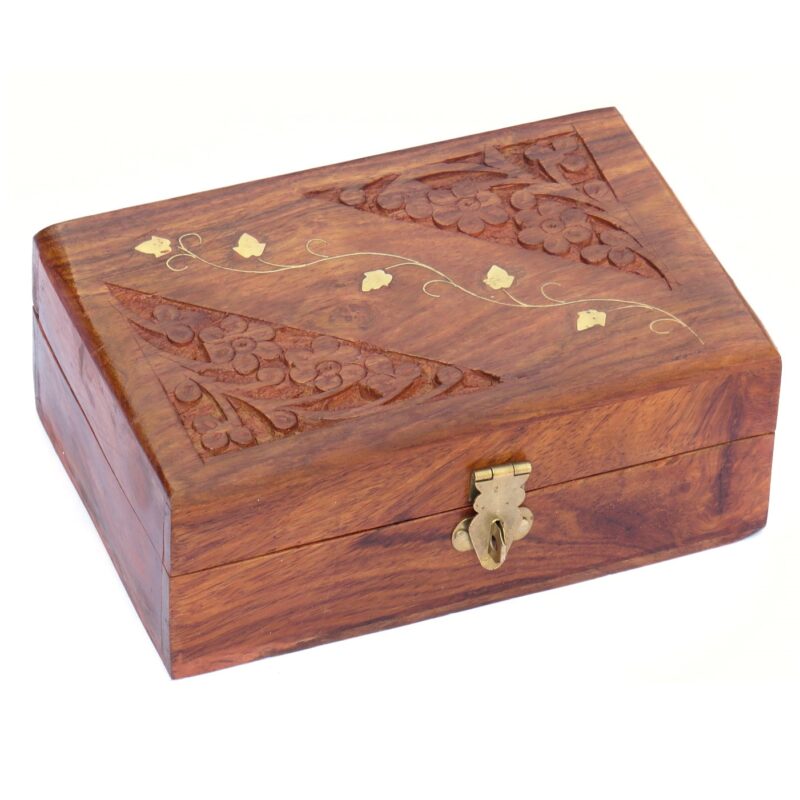 Woodino Sheesham Wood Hand-Carved Jewellery Storage Box – 6x4 Inch with Brass Inlay