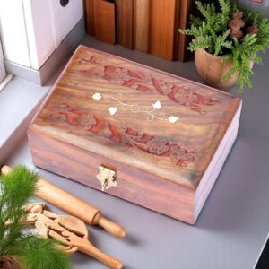 Sheesham Wood Hand-Carved Jewellery Storage Box with Brass Inlay (6x4 Inch)