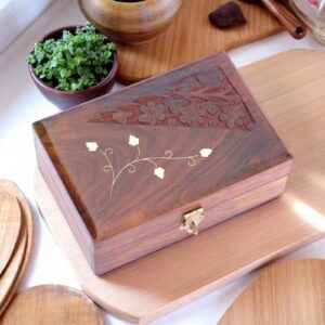 Sheesham Wood Hand-Carved Jewellery Storage Box with Brass Inlay (6x4 Inch)
