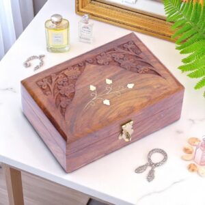 Sheesham Wood Hand-Carved Jewellery Storage Box with Brass Inlay (6x4x2 Inches)