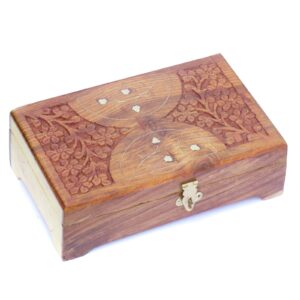 Sheesham Wood Hand-Carved Jewellery Storage Box – with mirror inside  (8x5 inch)