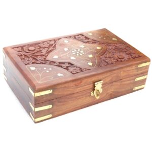 Woodino Handmade Wooden Keepsake Storage Box – Floral Carving & Brass Inlay Jewelry Organizer (8x5 Inch)