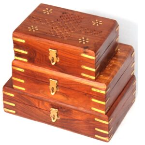 Sheesham Wood Jewellery Box Set of 3 – Brass Floral & Jaali Handwork (6x4, 7x5, 8x5 Inch)