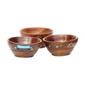 Woodino Sheesham Wood Bowls Combo Pack – 4x2 Inch Brass Inlay Wooden Bowls for Snacks, Dry Fruits & Namkeens