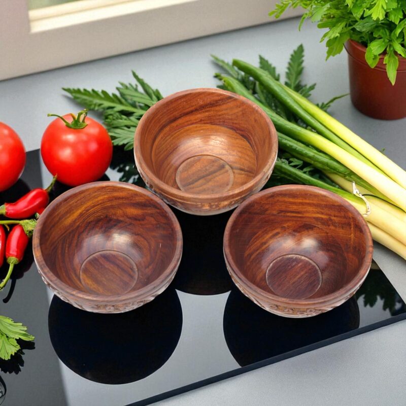 Woodino Woodino Sheesham Wood Bowls Combo Pack – 4x2 Inch Brass Inlay Wooden Bowls for Namkeens, Dry Fruits, Chips & Snacks