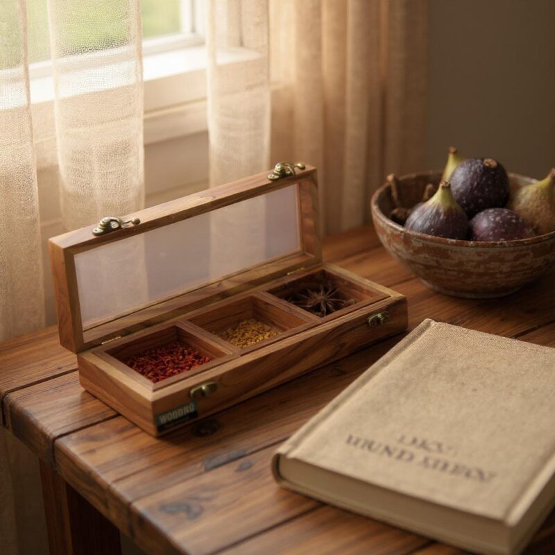 Woodino Wooden Spice Box Set with Spoon – Sheesham Wood 3 Compartments, Detachable Masala Dabba for Kitchen