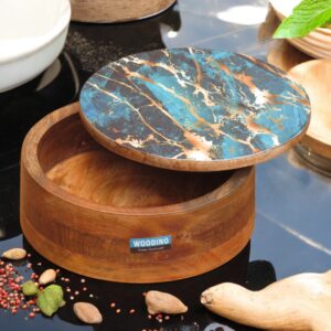 Woodino Wooden Roti Box Round Mango Wood Chapati Box with Epoxy Resin Glossy Finish Blue Ocean Wave Design (9 inch)