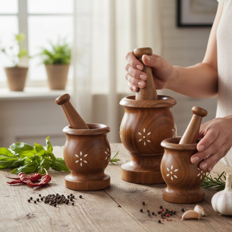 Woodino Woodino Wooden Okhli, Grinder, Kharal, Khalbatta, Spice Mortar & Pestle Wood Masher ( Set of 3 )