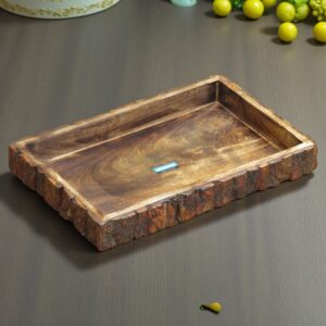 Woodino Matte Finish Vintage Antique Burning Rectangular Mango Wood Bark Serving Platter Multipurpose Tray for Snacks, Fruits & Decor (15x9")