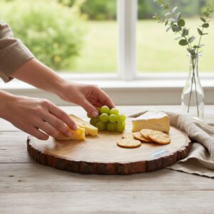Woodino Circular Flat Bakkal/Chhal/Bark Mango Wood Serving Platter with Melamine Polished – Multipurpose Tray for Snacks, Cheese & Chopping  board (11" dia)