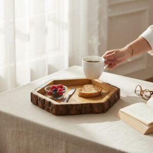 Woodino Hexagon Mango Wood Bark Serving Platter Melamine Coated Multipurpose Wooden Tray for Snacks, Fruits & Décor Logs Design (12")