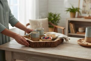 Woodino Octagon Mango Wood Bark Serving Platter Melamine Coated Multipurpose Wooden Tray for Snacks, Fruits & Décor | Chhal/Logs Design (13")