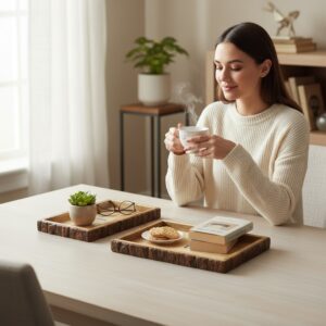 Woodino Rectangle (Set of 2) Bark Mango Wood Serving Platters – Glossy Finish Trays for Snacks, Fruits & Decor (12x9" & 10x7") | Photoshoot, Hotels & Restaurants