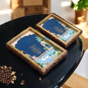 Woodino Rectangle (Set of 2) Epoxy Resin Mango Wood Bark Serving Platters – Multipurpose Wooden Trays for Snacks, Fruits & Décor | Bakkal/Chhal/Log Design (12x9", 10x7")