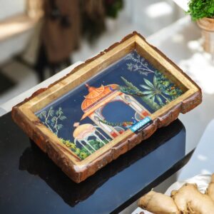 Woodino Rectangle  Epoxy Resin Mango Wood Serving Platter – Multipurpose Wooden Tray for Snacks, Fruits & Décor (Size:10 x 7 inch) Royal Rajasthani Palace Art Print