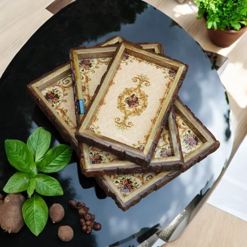 Epoxy Resin Mango Wood Bark Serving Vintage Floral Royal Pattern Print