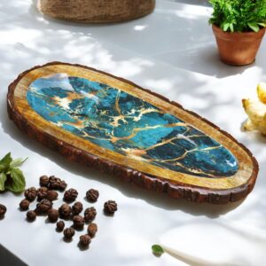 Woodino Wooden Resin Design Serving Platter – Oval Tray 15x6 Inch for Tea, Coffee, Snacks & Breakfast | Multipurpose Wooden Serving Tray for Home, Kitchen & Restaurants