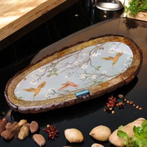 Woodino Wooden Resin Design Serving Platter – Oval Tray 15x6 Inch for Tea, Coffee, Snacks & Breakfast | Multipurpose Wooden Serving Tray for Home, Kitchen & Restaurants