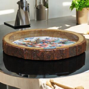 Woodino Round Epoxy Mango Wood Bark/Bakkal Serving Platter – Multipurpose Tray for Snacks, (10 inch) Floral Motif Design