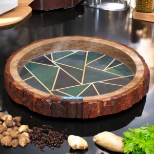Woodino Circular Resin Mango Wood Serving Platter – Multipurpose Tray for Snacks, (10" Dia) Golden Abstract Stone Design