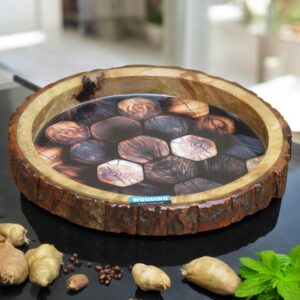 Woodino Round Resin Mango Bakkal/Bark Wood Serving Platter – Multipurpose Tray for Snacks (10" dia) Stone Texture Print