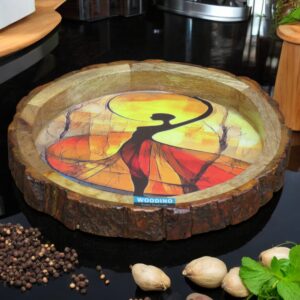 Woodino Round Bakkal /Bark Mango Wood Serving Platter – Multipurpose Tray for Snacks, ( Size: 10") Abstract Dancing Lady Print