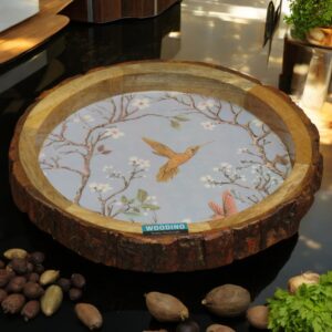 Woodino Circular Resin beautiful pattern Mango Wood Serving Platter – Multipurpose Tray for Snacks, ( Size 10" ) Birds & Tree