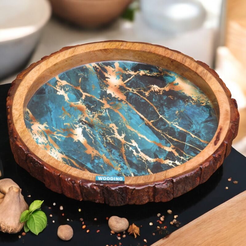 Woodino Woodino Circular Epoxy Resin Mango Wood Bark Serving Platter – 12" Blue Marble Texture Art Print Tray for Snacks & Decor | Bakkal/Chhal Multipurpose Tray