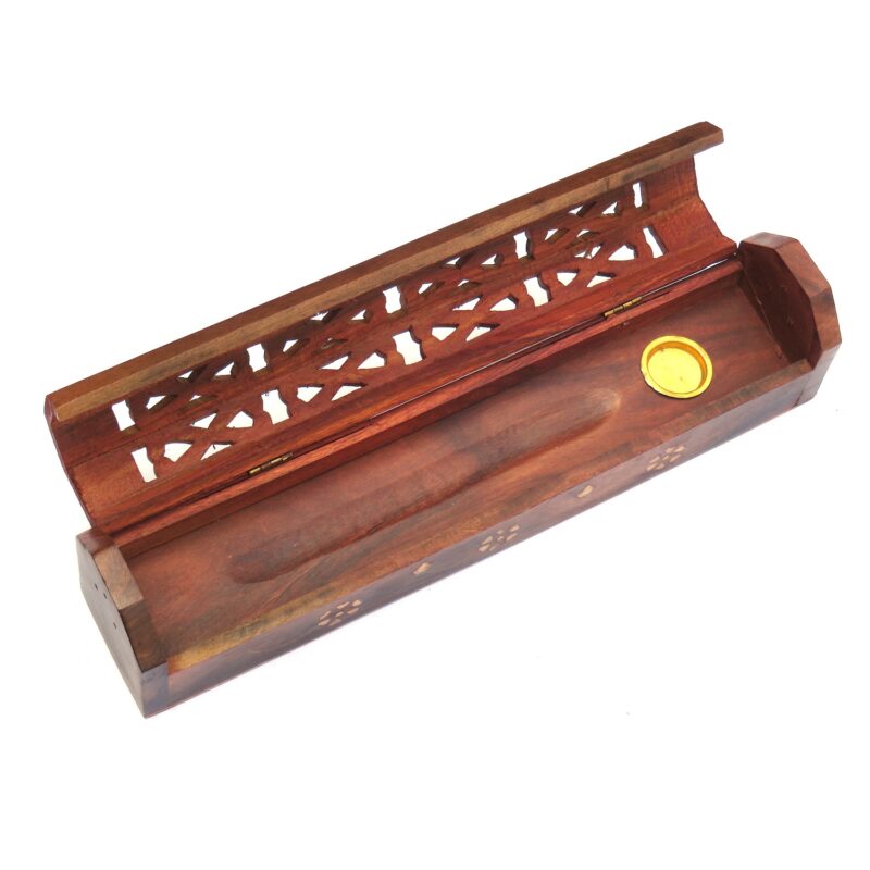 Woodino Sheesham Wood & Brass Agarbatti Holder – Dhoop & Incense Stick Stand Beautiful carving work box holder .