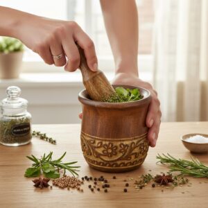 Woodino  Wooden Okhli, Grinder, Kharal, Khalbatta, Spice Mortar & Pestle Wood Masher  Beautiful Carving Work