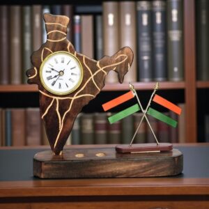 Decorative Showpiece Stand with Indian Map & Dual Flag – Wooden Desk Ornament for Office & Home Décor
