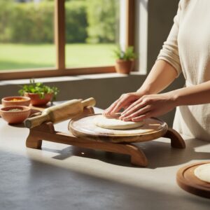Woodino Sheesham Wood Chakla Belan with Stand | Rolling Board & Rolling Pin Set | Big Size Roti Patla Board with Stand (Chakla 10", Belan 12")