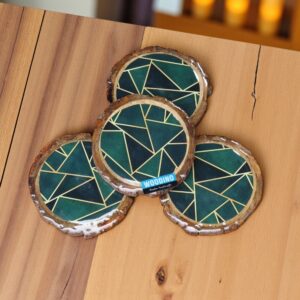 Woodino Mango Wood Epoxy Resin Bark Coaster Set of 4 Rustic Wooden Drink Coasters for Tea, Coffee & Barware | Bakkal/Chhal Geometric Design (4")