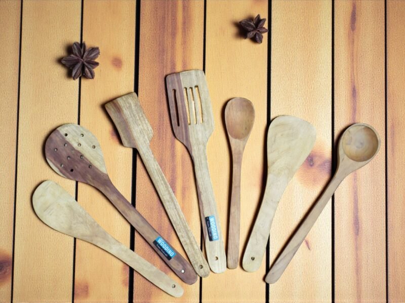Woodino Woodino Natural Wooden Spoon Set – Handcrafted Cooking & Serving Spoons for Nonstick Cookware | Kitchen Utensils Set of 7 (SIZE 12 X 3 ) .