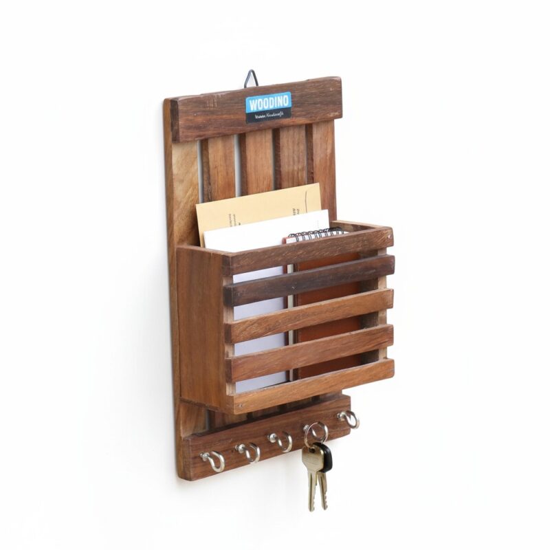 Woodino Wooden Wall Hanging Key Holder & Mobile Rack | Sheesham Wood Letter & Envelope Holder (9x5.5")