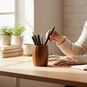 Woodino Wooden Barrel Shape Stationery & Pen Holder – Multipurpose Cutlery Organizer for Kitchen, Dining & Office Table