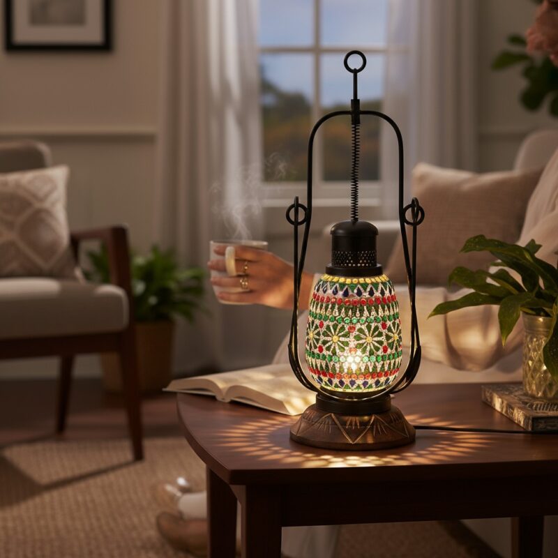 Woodino Glass Table Lamp – Antique Multicolor Flower Design Night Lamp for Home & Bedroom Décor | Ethnic Handmade Lantern Light