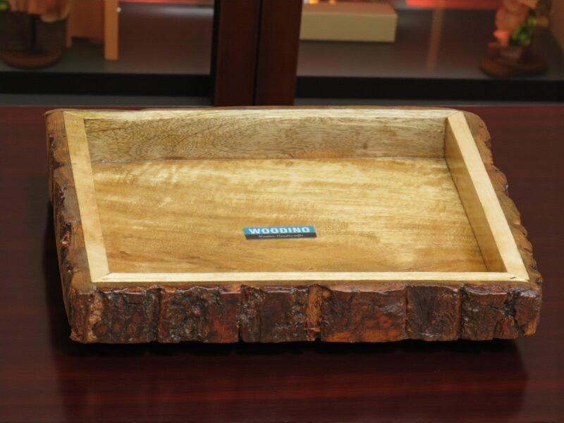 Woodino Woodino Square Mango Wood Bark Serving Platter Glossy Finish Multipurpose Tray for Snacks, Fruits & Décor | Bakkal/Chhal Restaurant Tray (8")